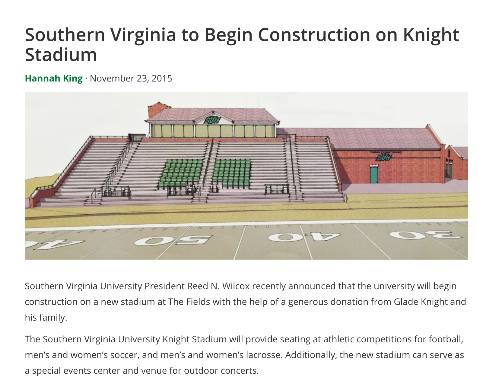 Southern Virginia to Begin Construction on Knight Stadium